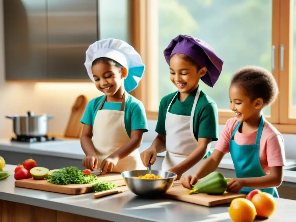 Niños felices aprendiendo a cocinar alimentos saludables en un programa de nutrición, combatiendo la obesidad infantil