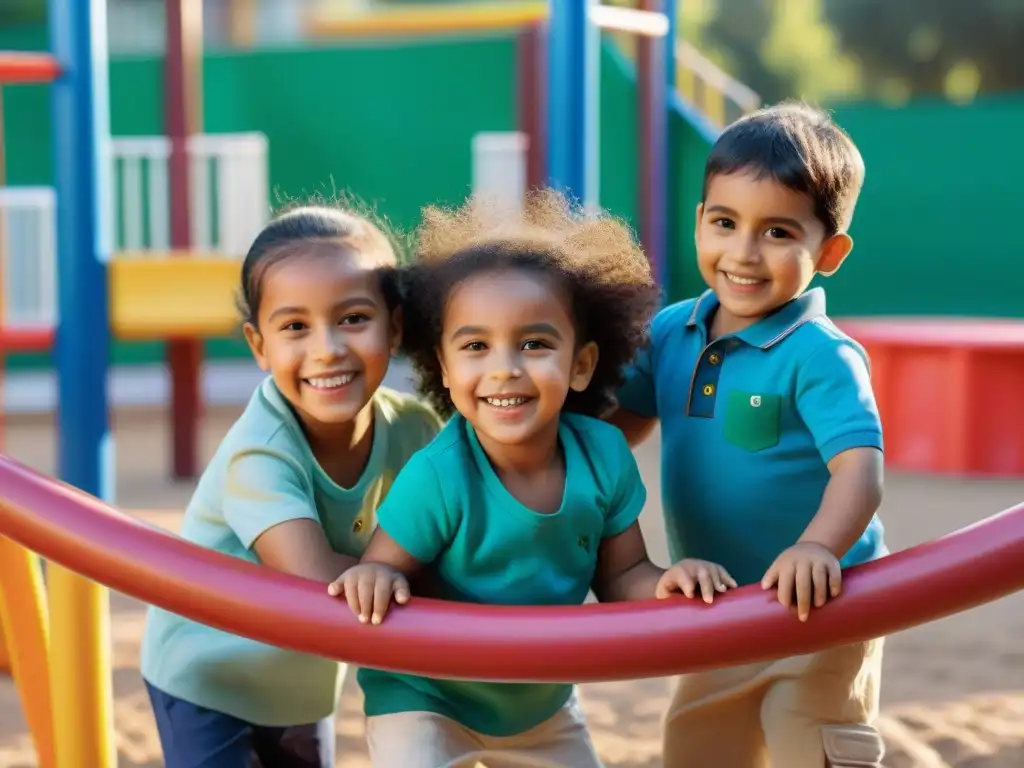 Niños felices de diversas edades y etnias juegan en un parque inclusivo en Uruguay, rodeados de cuidadores y juguetes educativos