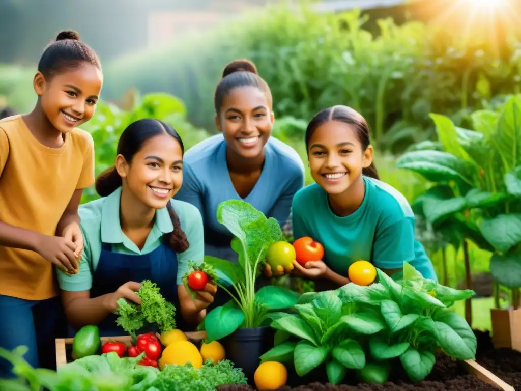 Niños felices cultivando en un jardín escolar diverso y sostenible