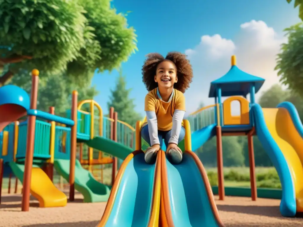 Niños felices jugando juntos en un colorido parque infantil, fomentando el estilo de vida activo en la infancia