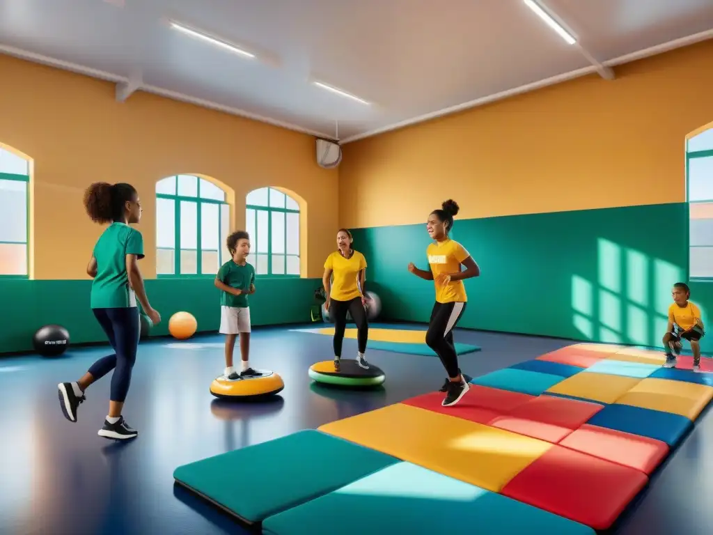 Niños disfrutan de educación física innovadora en Uruguay, jugando con equipos coloridos en un gimnasio moderno y vibrante