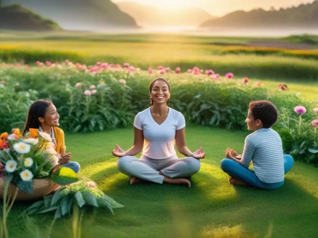 Niños practicando mindfulness juntos en un prado verde en Uruguay, con flores coloridas alrededor