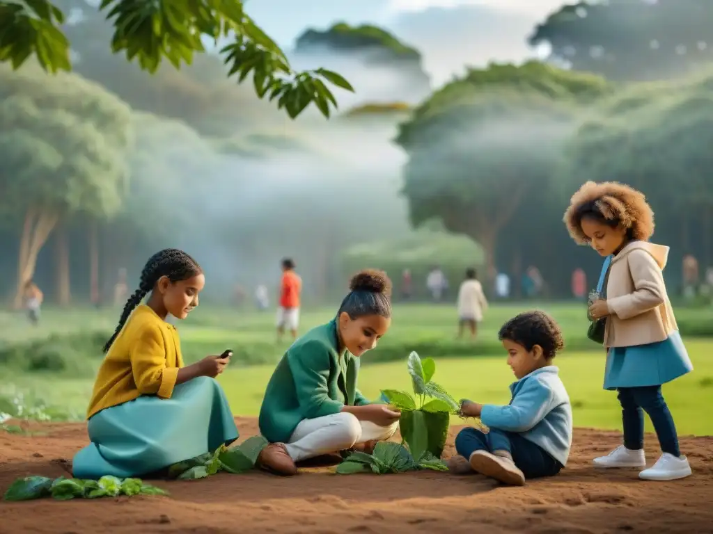 Niños en Uruguay disfrutan de la moda sostenible, jugando y creando arte juntos en un parque verde