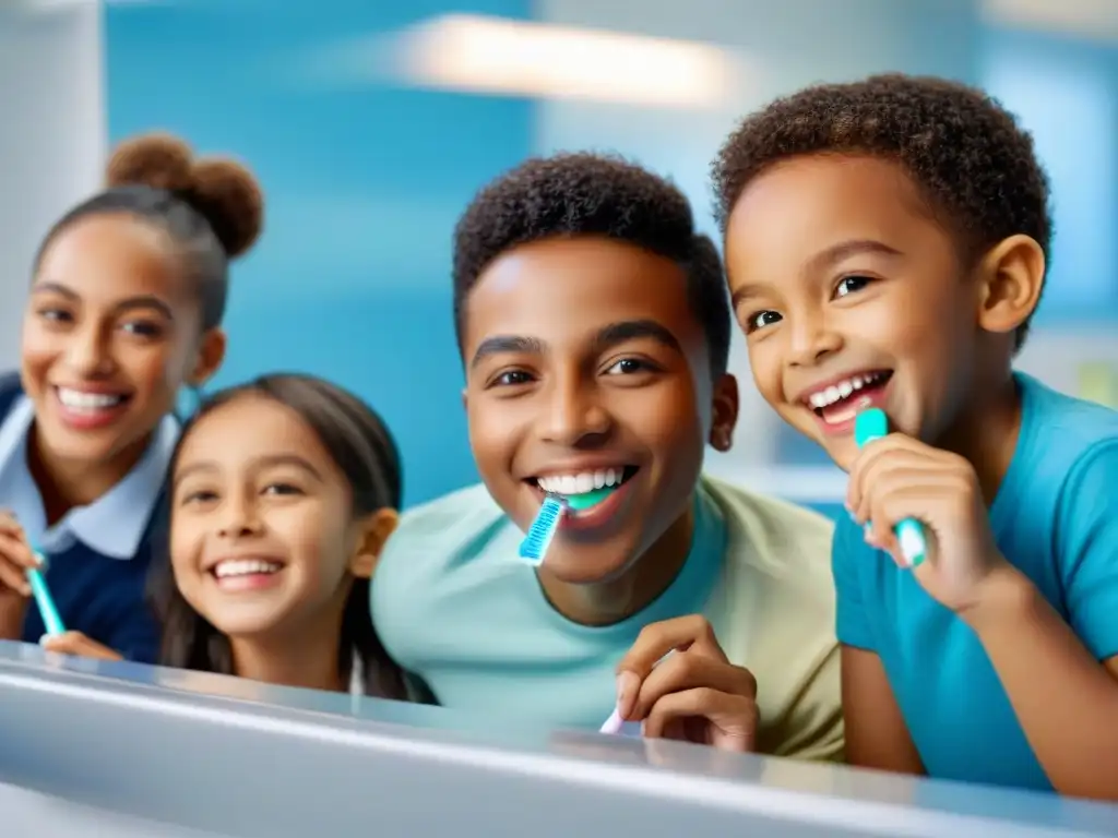 Niños sonrientes cepillando dientes juntos en baño escolar moderno