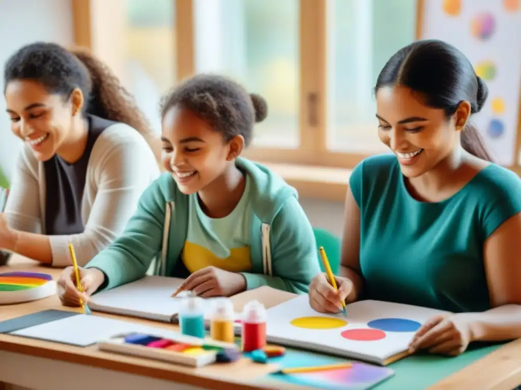 Niños sonrientes de distintas etnias participan en sesión de arte terapia en Uruguay