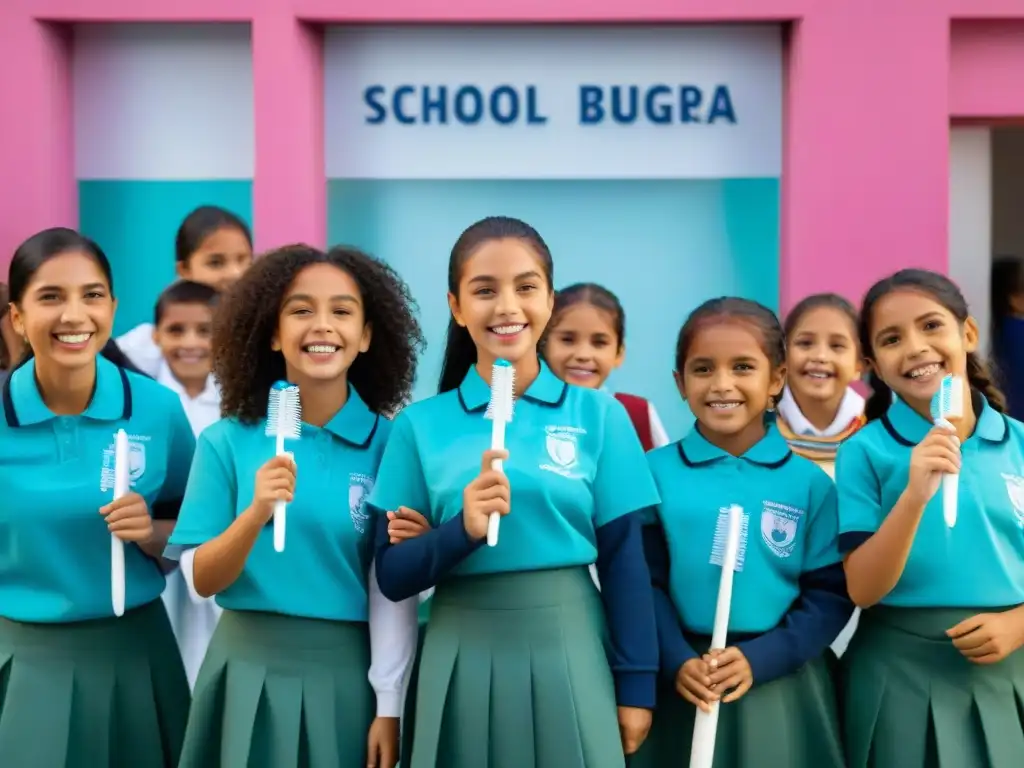 Niños sonrientes en fila con uniforme, listos para actividad de salud bucodental en escuela de Uruguay