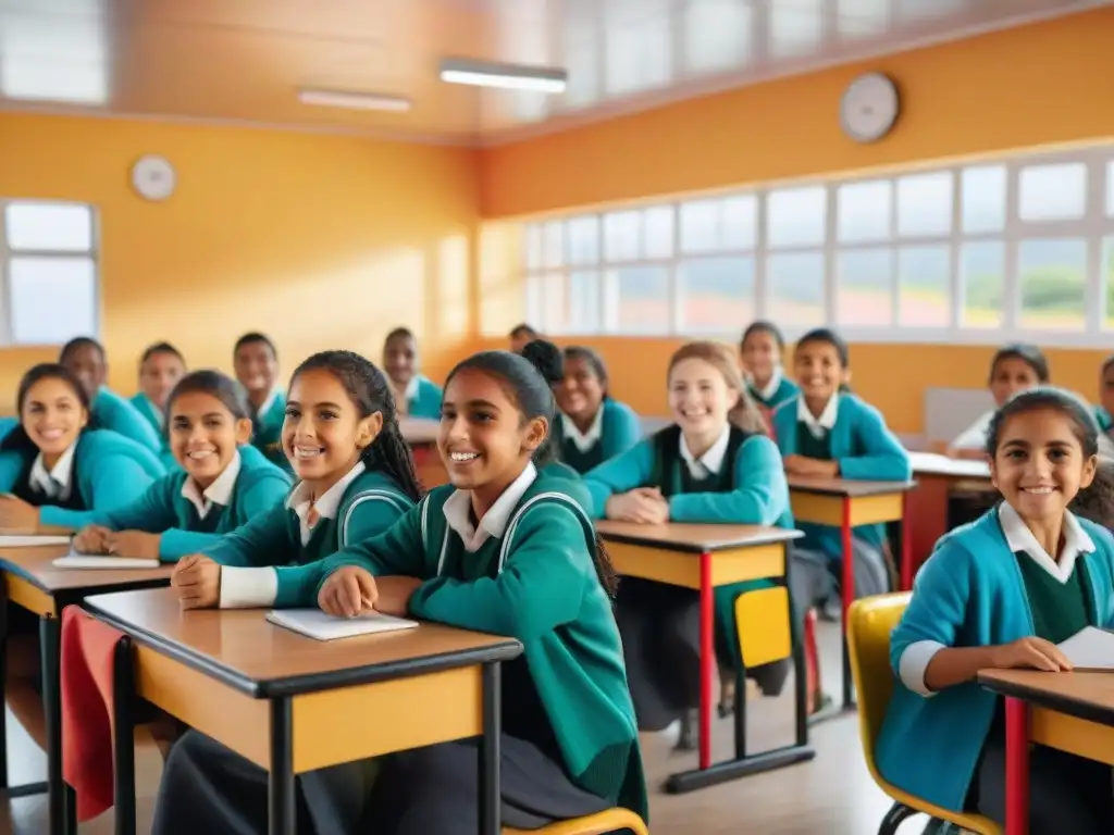 Diversos niños sonrientes en Uruguay participan en programas educativos de nutrición en un aula colorida y moderna