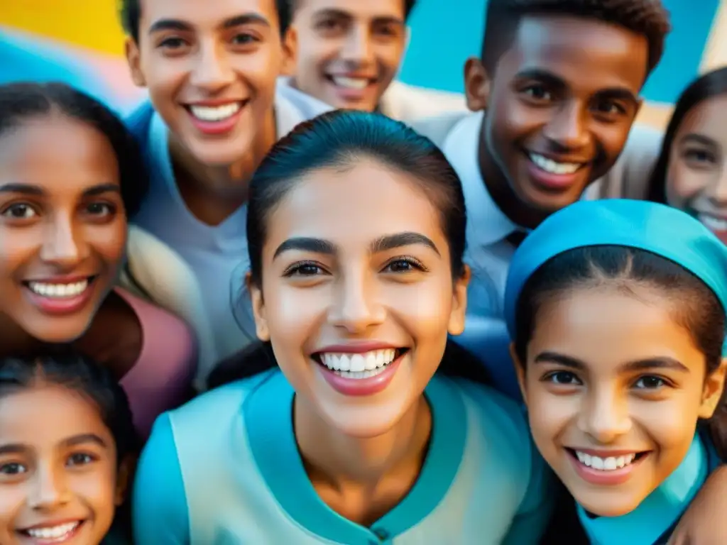 Niños sonrientes en Uruguay con salud bucodental en un entorno escolar vibrante y colorido