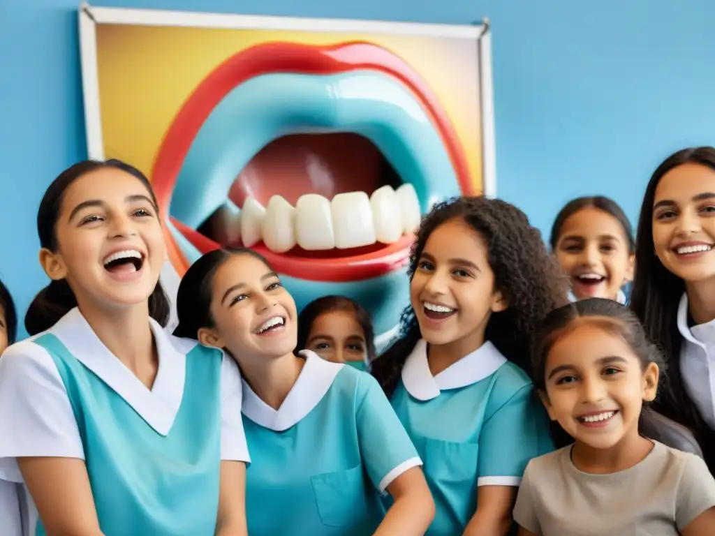 Niños sonrientes aprenden sobre salud bucodental en una clínica dental en Uruguay