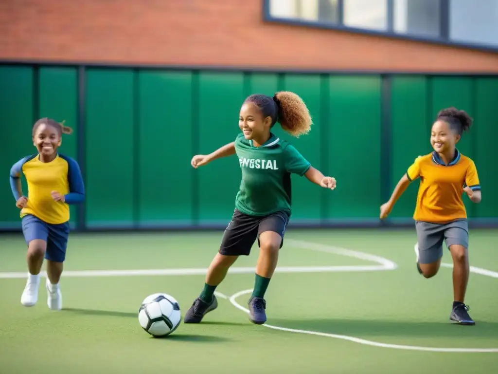 Niños en educación física sostenible en Uruguay: jugando al fútbol, saltando la cuerda y practicando yoga en un patio escolar lleno de vida