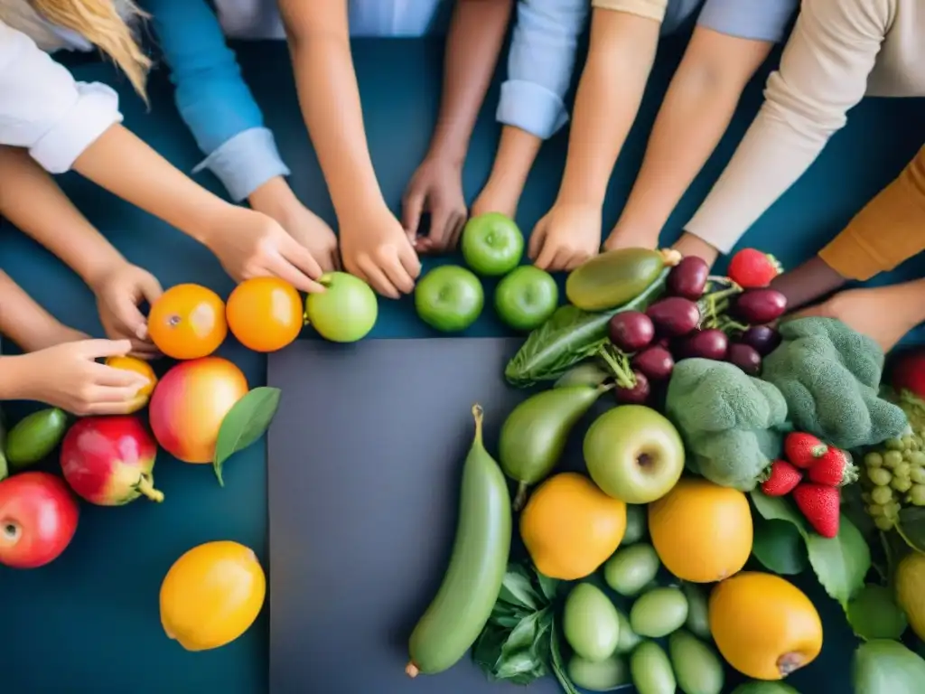 Niños uruguayos participan alegres en un taller de nutrición rodeados de frutas y verduras