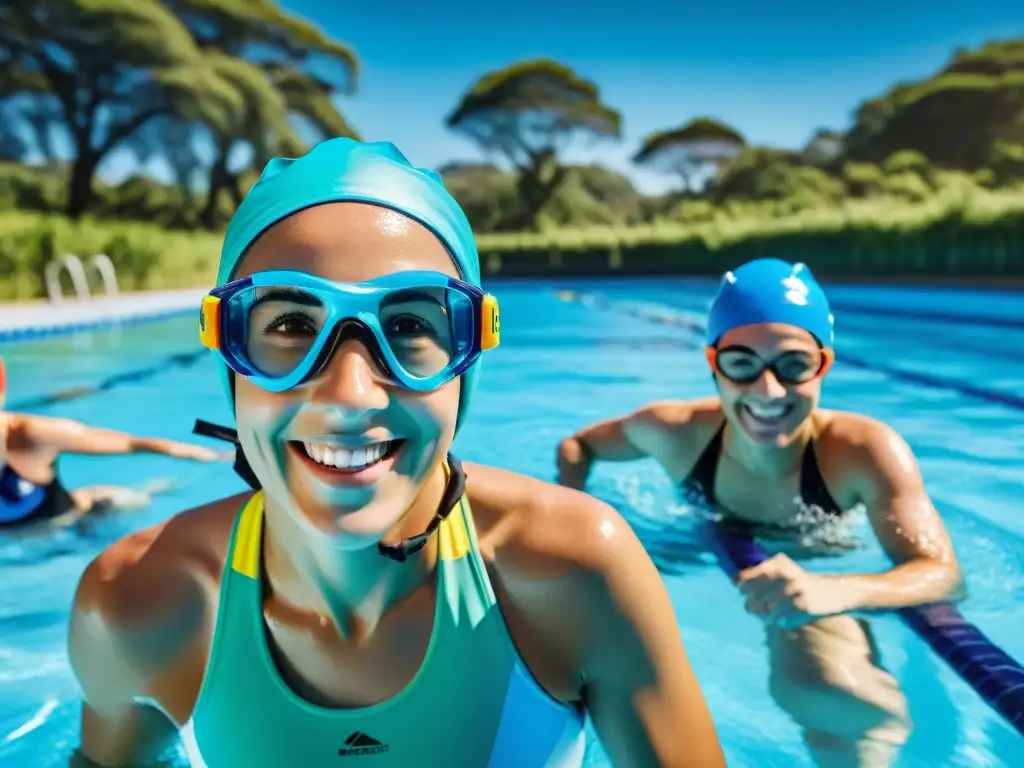 Niños uruguayos disfrutan de los beneficios de la natación en la educación física bajo el sol y la guía de su instructor en una piscina cristalina