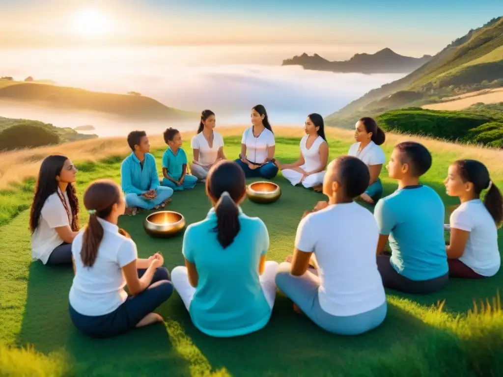 Niños uruguayos practicando mindfulness en círculo en un campo vibrante, rodeados de herramientas de mindfulness