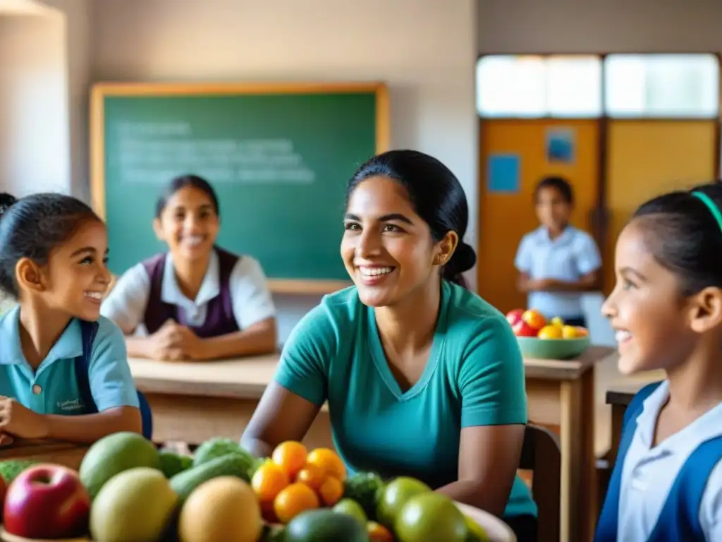 Niños uruguayos disfrutan de un taller de nutrición integral en un aula moderna y vibrante