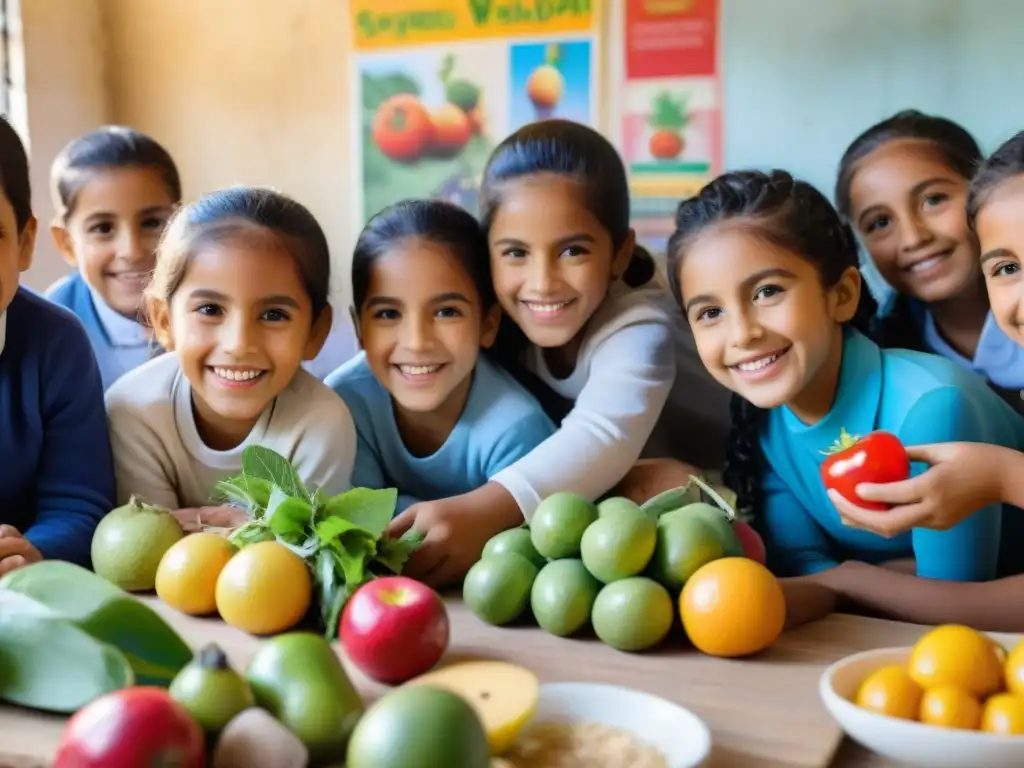 Niños uruguayos participan felizmente en taller de nutrición rodeados de frutas y verduras