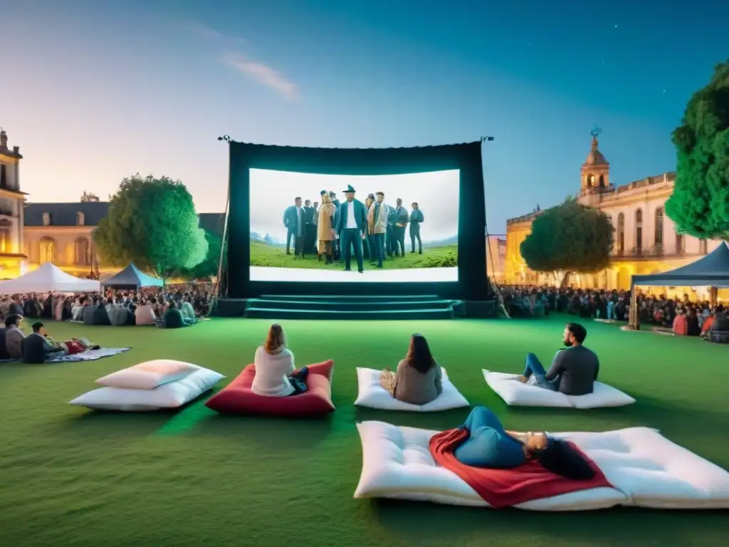 Noche de cine comunitario fomenta cultura en Uruguay, con gente emocionada viendo película en pantalla bajo estrellas