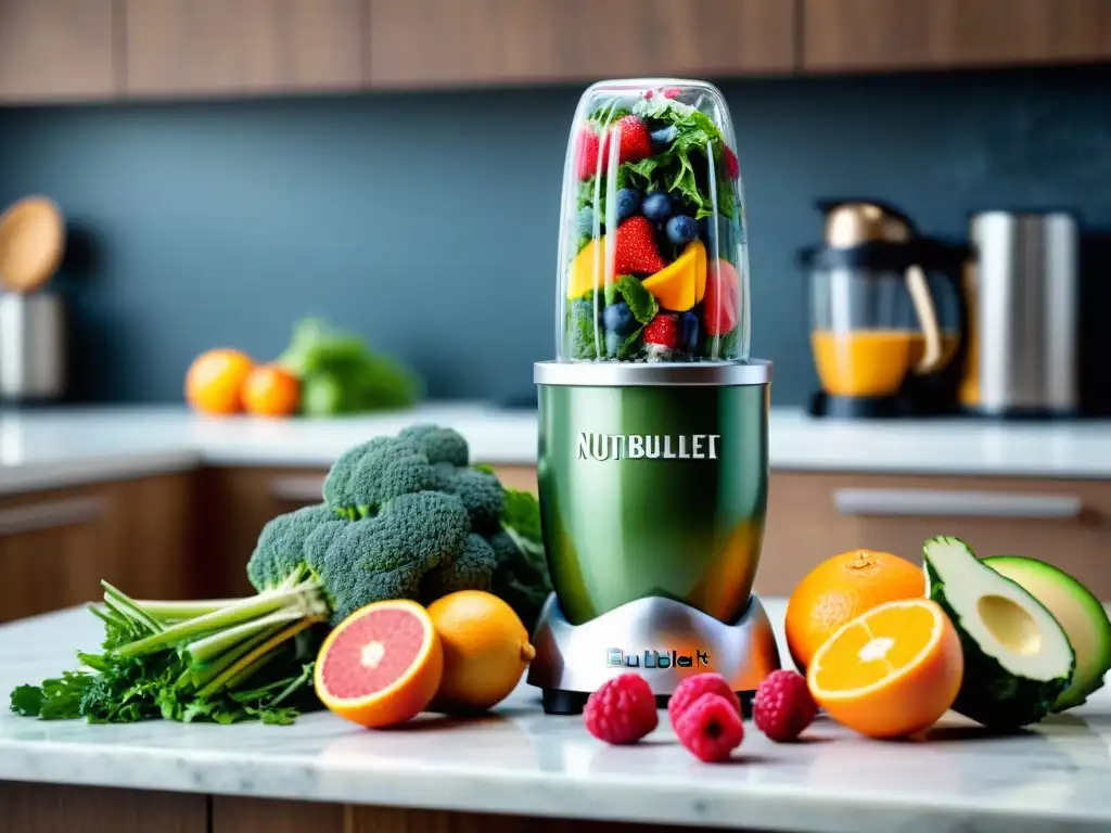 Un Nutribullet Pro moderno y vibrante en una cocina elegante, rodeado de frutas y verduras frescas