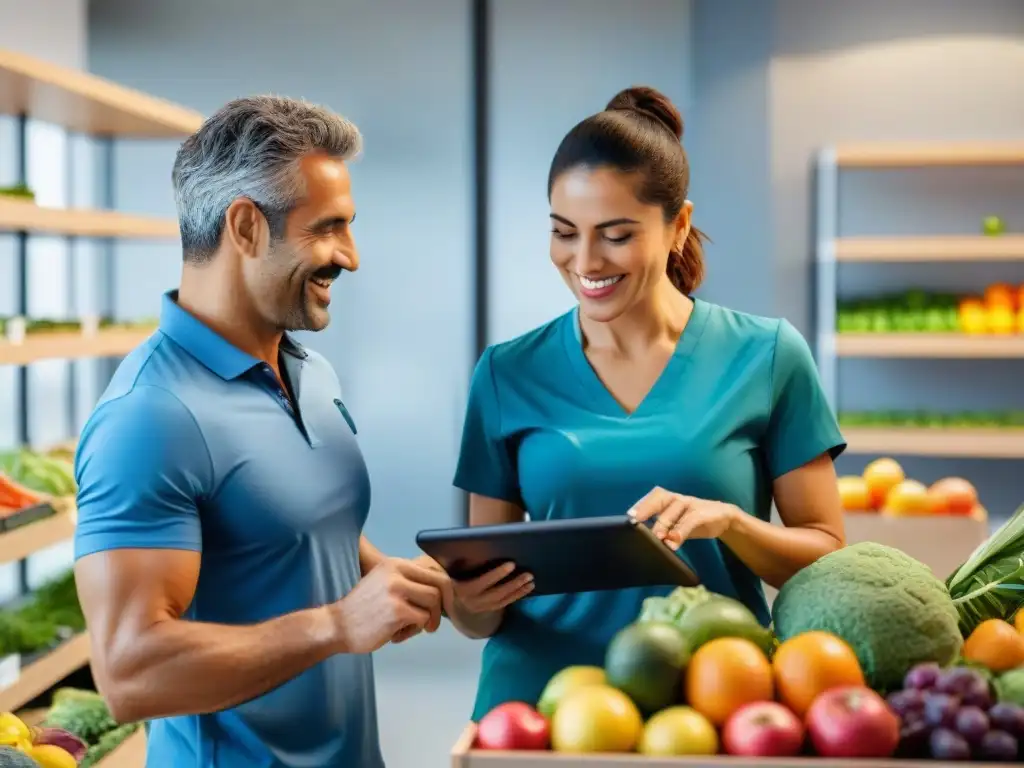 Una nutricionista y cliente en consulta, planificando dietas personalizadas en Uruguay