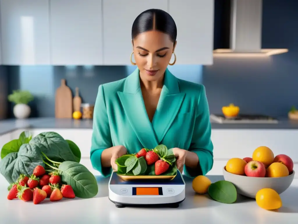 Nutricionista profesional preparando vitaminas para aumentar energía atletas con frutas, verduras y frutos secos en cocina moderna