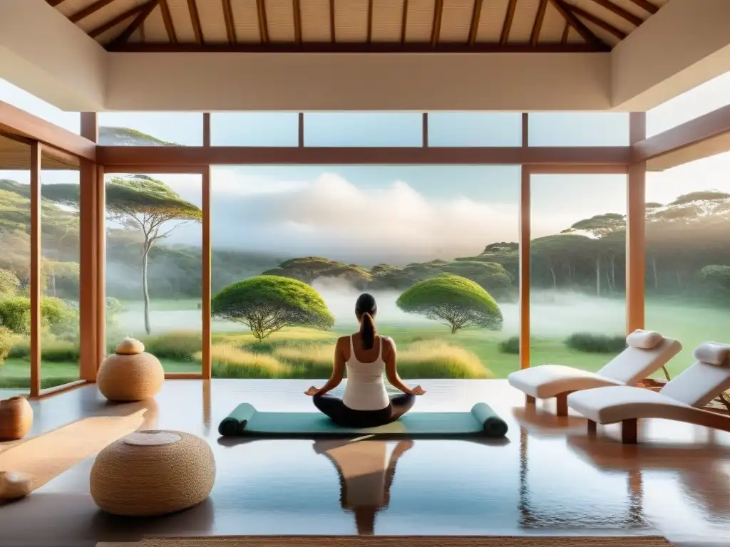 Un oasis de bienestar integral en Uruguay: spa moderno con vista a paisajes verdes, yoga, meditación y masajes