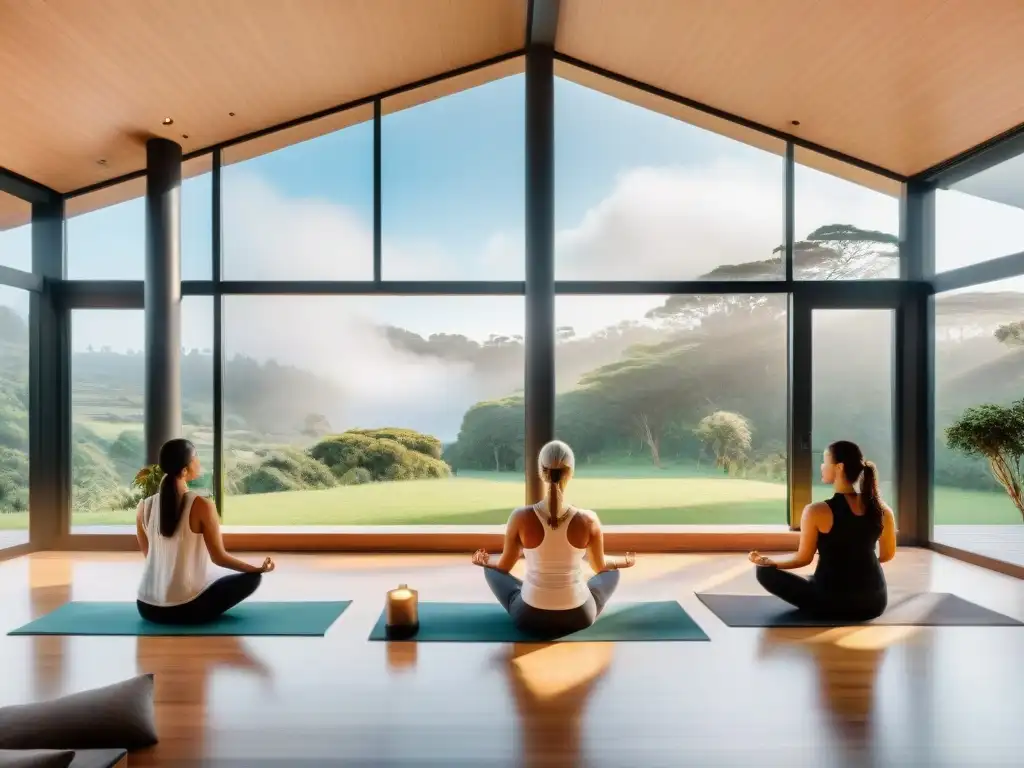 Un oasis de bienestar integral en Uruguay: centro moderno con luz natural, vegetación exuberante y personas practicando yoga y meditación