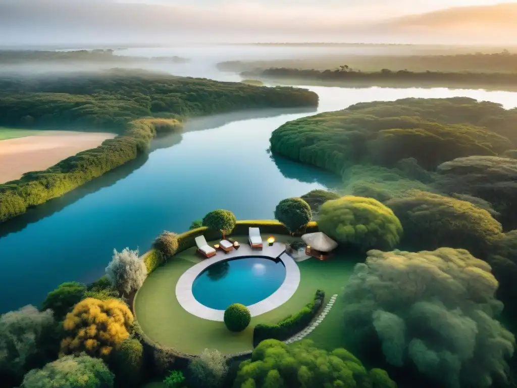 Un oasis de bienestar para parejas en Uruguay: spa al aire libre al atardecer junto al lago en un lujoso retiro rodeado de naturaleza