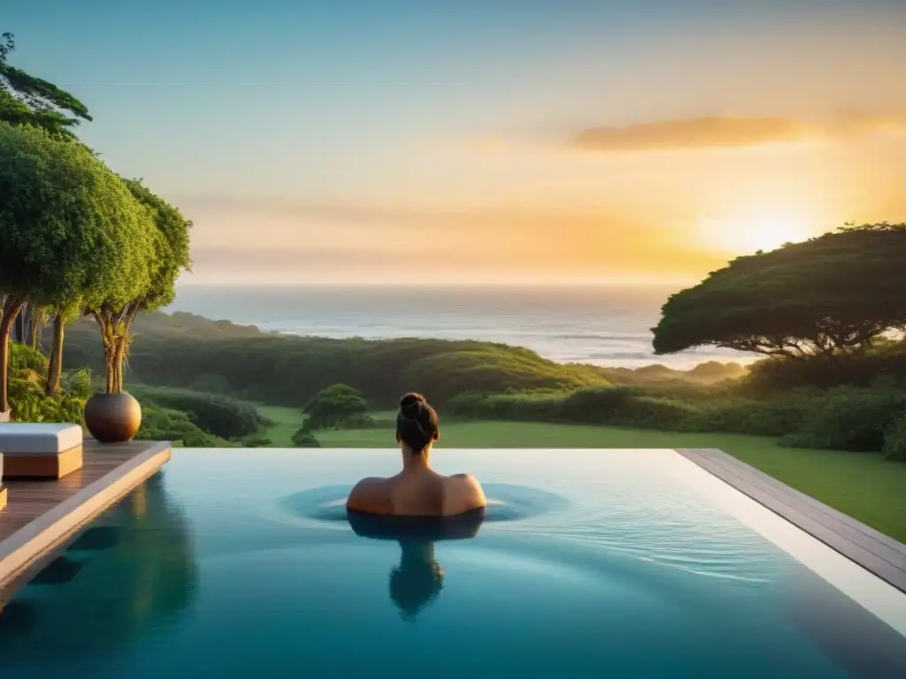 Un oasis de bienestar personalizado en Uruguay con piscina infinita y vistas al mar al atardecer