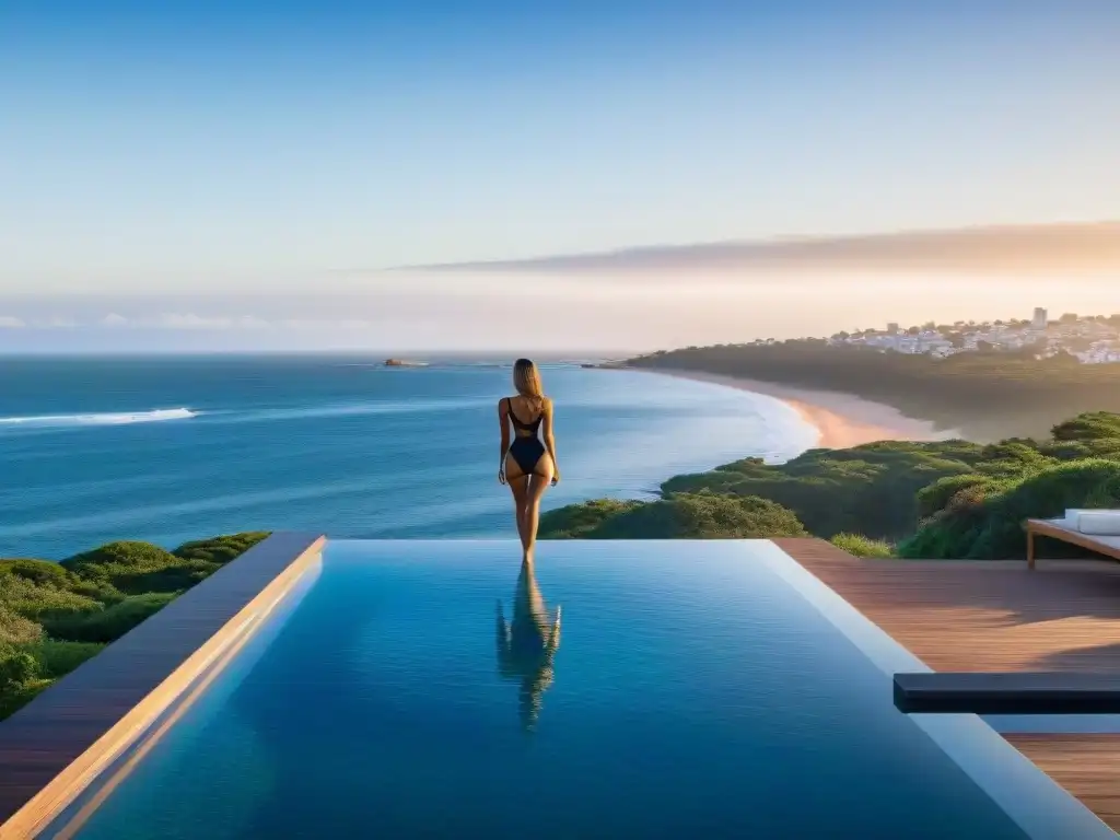 Un oasis de bienestar en Punta del Este: piscina infinita con vista al mar, rodeada de vegetación y arquitectura moderna al atardecer