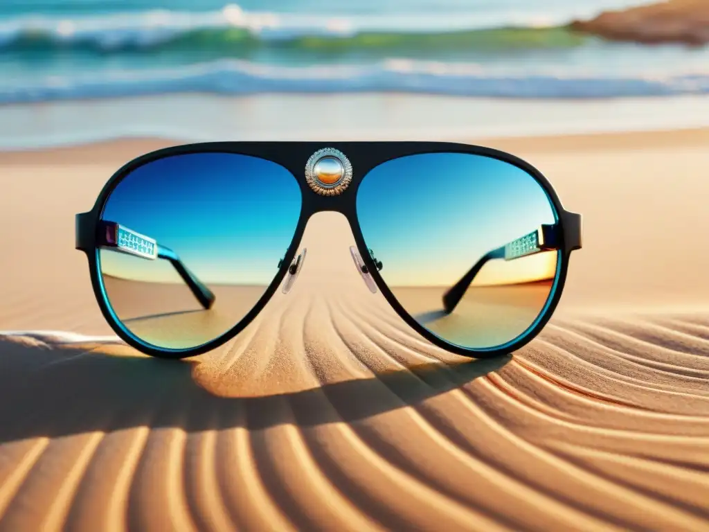 Un oasis de protección: gafas de sol reflectantes en la playa de Uruguay, bajo el sol y el cielo azul