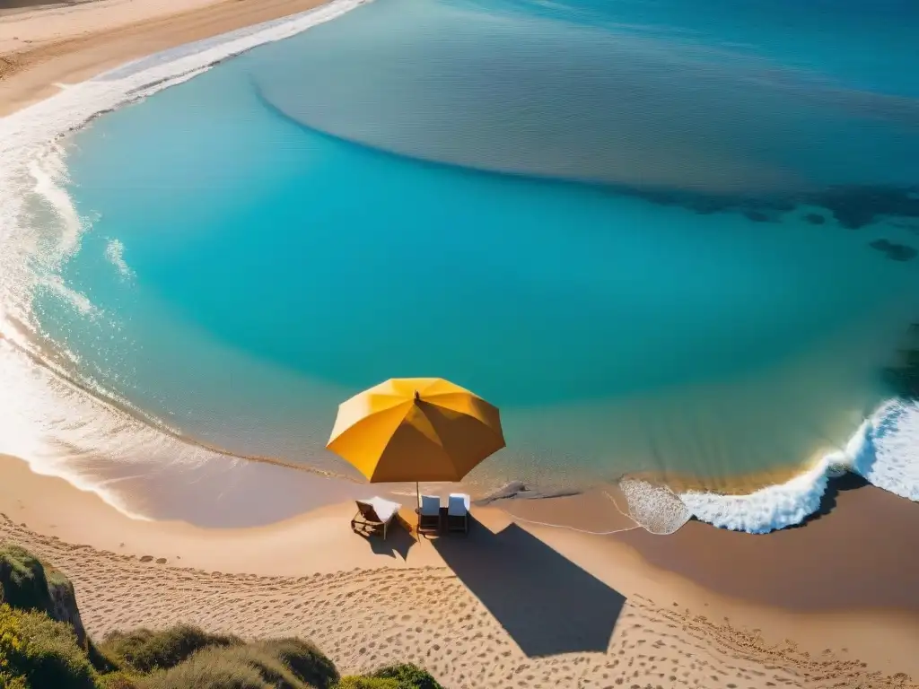 Un oasis de paz en la playa de Uruguay, con aguas cristalinas y un sol dorado