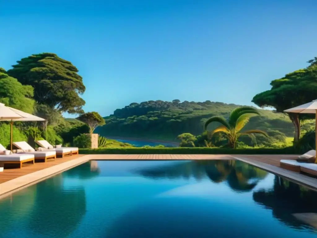 Un oasis de serenidad y lujo en un spa en Uruguay con piscina infinita, rodeado de vegetación exuberante y palmeras bajo un cielo azul