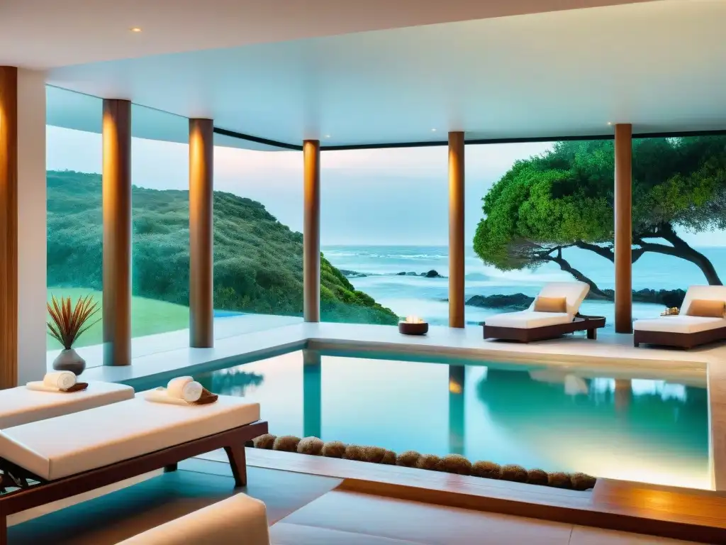 Un oasis de tranquilidad en un lujoso spa en Uruguay con piscina interior, vegetación exuberante y vista al mar