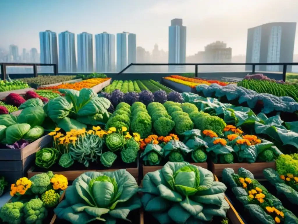 Un oasis urbano en Uruguay con huertas urbanas para bienestar, donde la vegetación florece entre rascacielos y personas felices