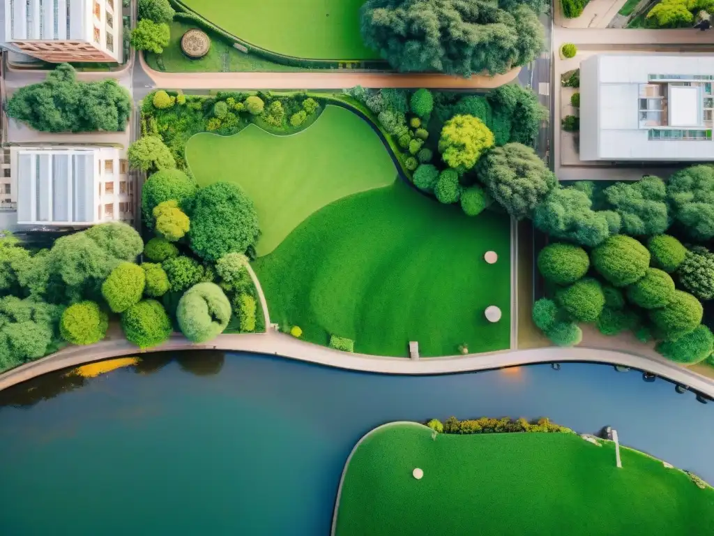 Un oasis verde en Uruguay: un parque urbano vibrante con senderos, agua serena y rascacielos modernos