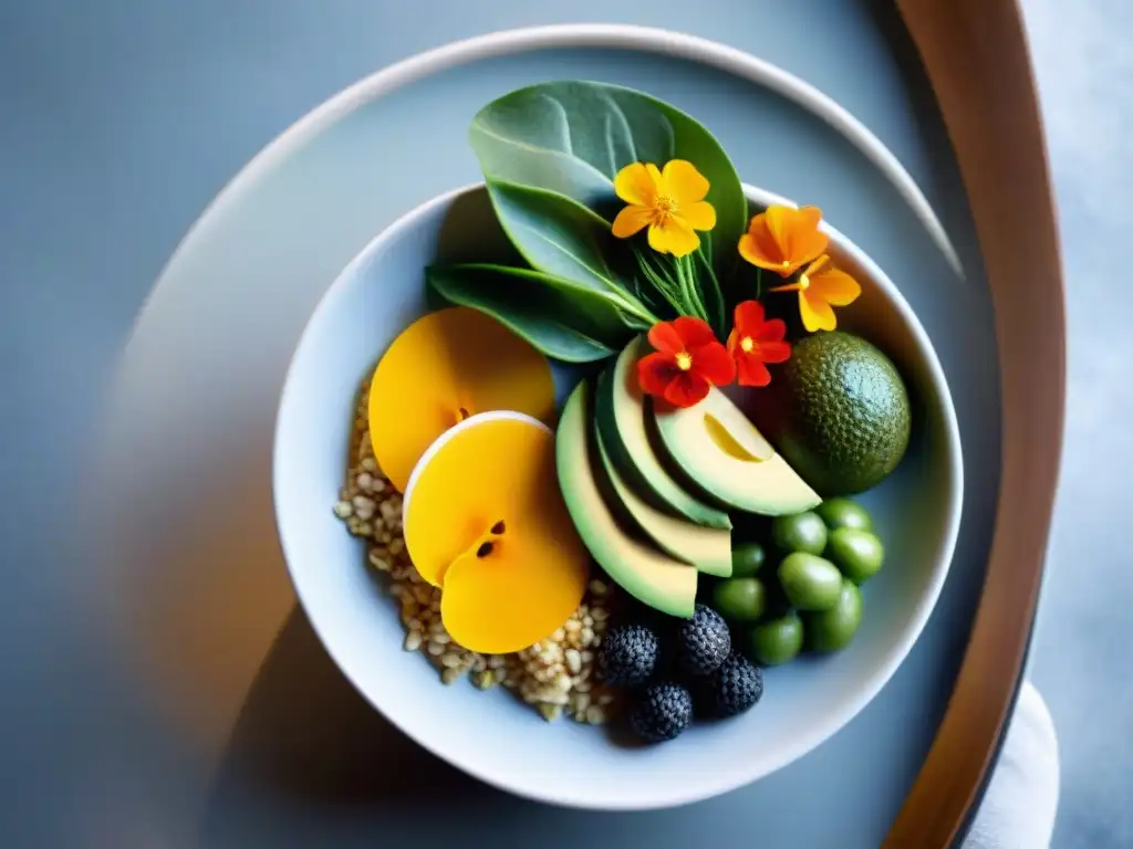 Una obra de arte culinaria: un plato de cocina macrobiótica para bienestar integral con ingredientes frescos y coloridos en armonía visual