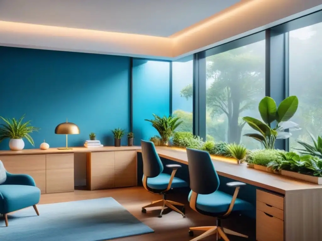 Oficina en Uruguay para el bienestar mental de la empresa con mobiliario ergonómico moderno, plantas verdes y sesión de mindfulness