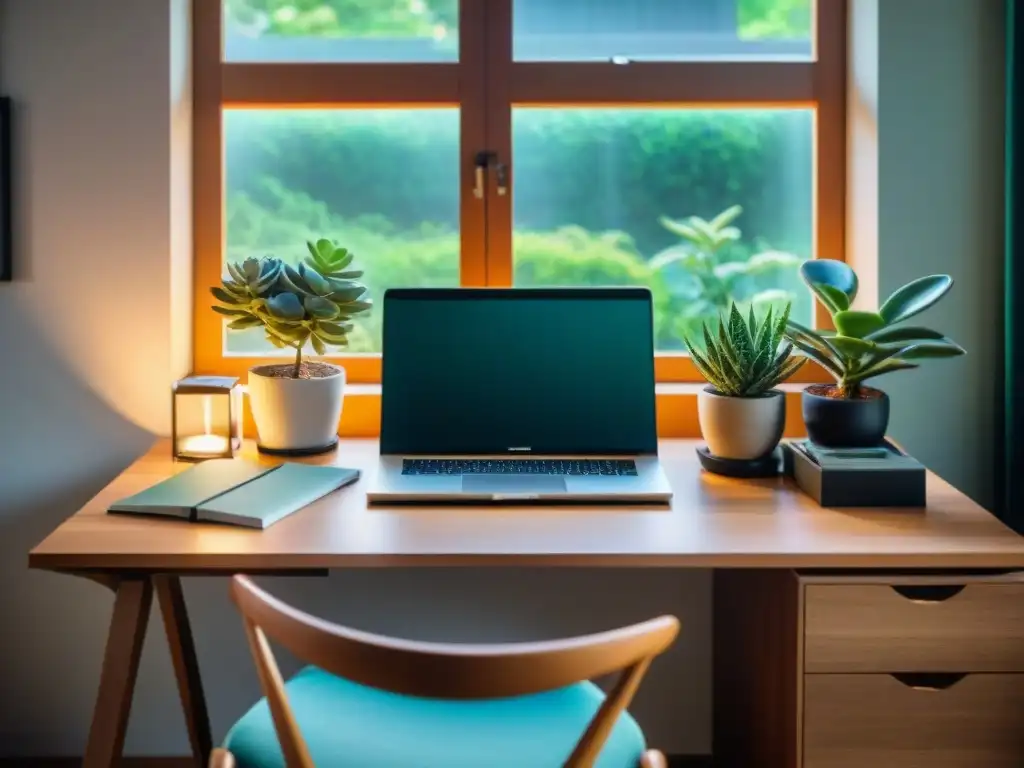 Oficina en casa moderna y serena con vista a jardín verde, ideal para teletrabajo