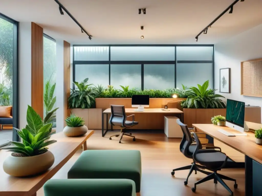 Oficina en Uruguay con decoración de bienestar: muebles ergonómicos, plantas verdes, luz natural y ambiente tranquilo