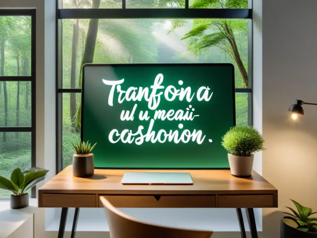 Oficina moderna con escritorio ordenado, ventana a bosque verde y cita motivacional