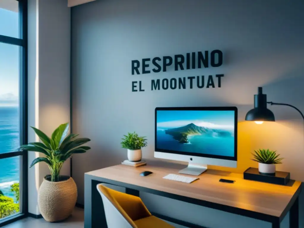 Oficina moderna con vista al mar, escritorio minimalista, té herbal, planta y frase motivacional 'Respira profundo y disfruta el momento'