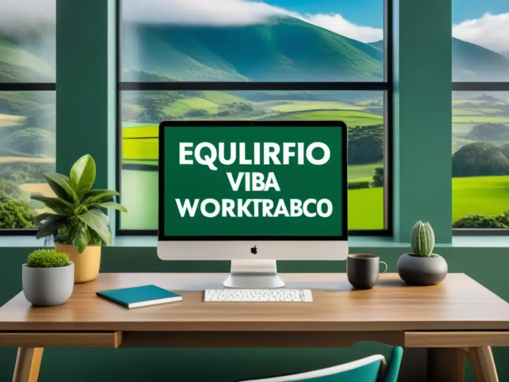 Oficina moderna con vista a paisaje verde sereno, promoviendo 'Equilibrio vida trabajo Uruguay'