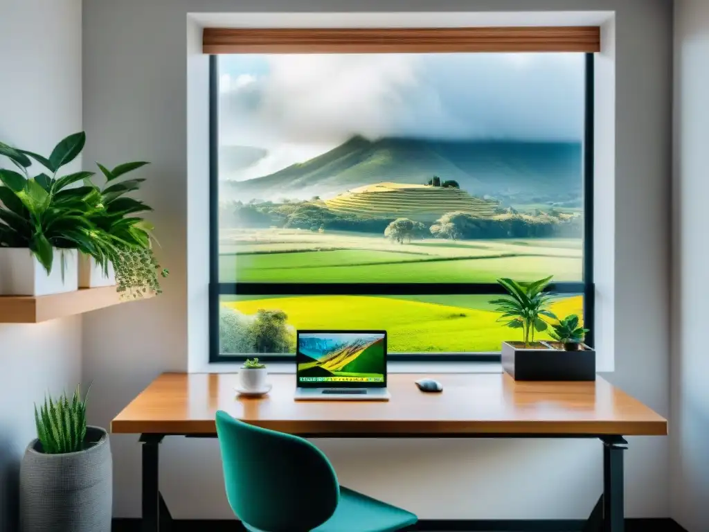 Oficina moderna en Uruguay con vista a un paisaje verde, escritorio con gráficos financieros, silla ergonómica, planta y frase motivadora en la pared