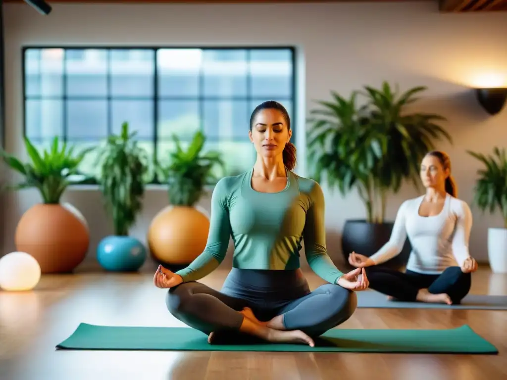 Sesión de yoga en oficina moderna en Uruguay