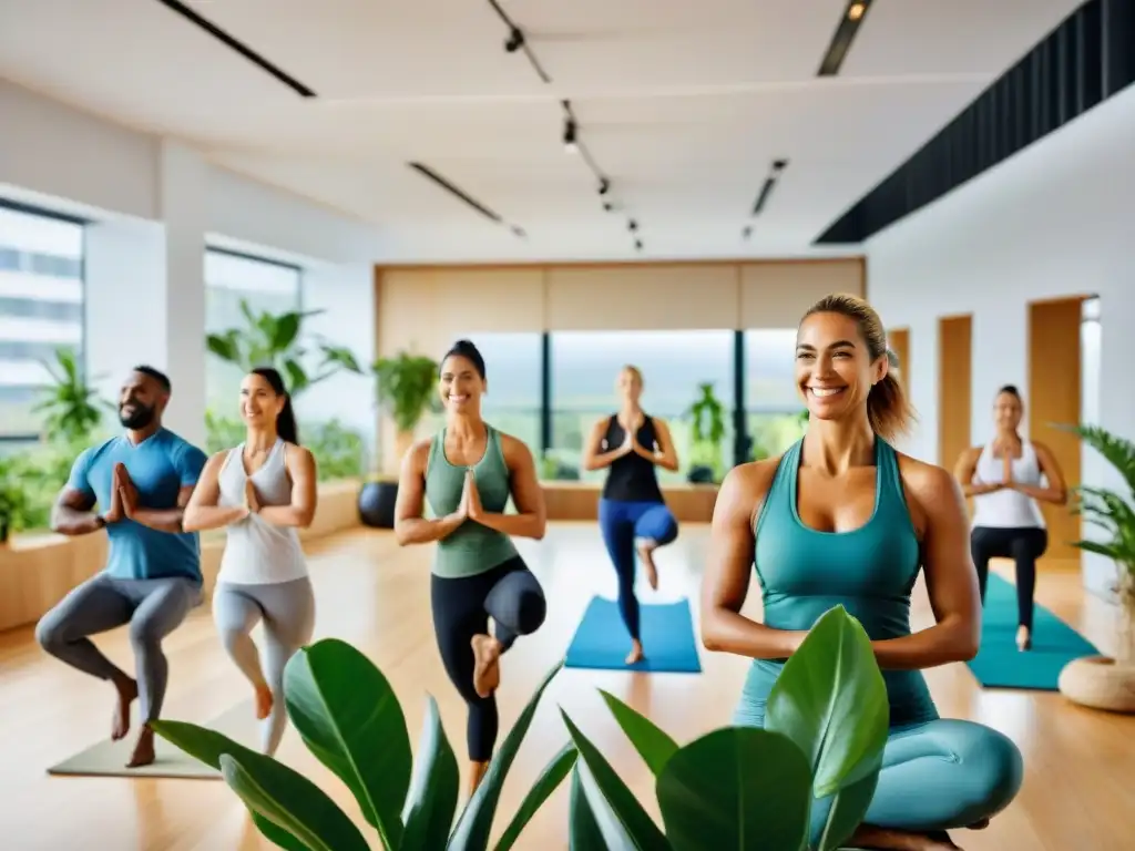 Oficina en Uruguay con planes bienestar corporativo: empleados felices en actividades de yoga, meditación y trabajo en equipo