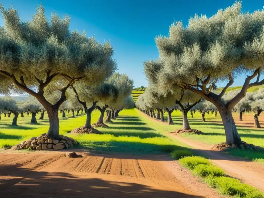 Un olivar pintoresco en Uruguay, con árboles de olivo verdes bajo el cielo azul