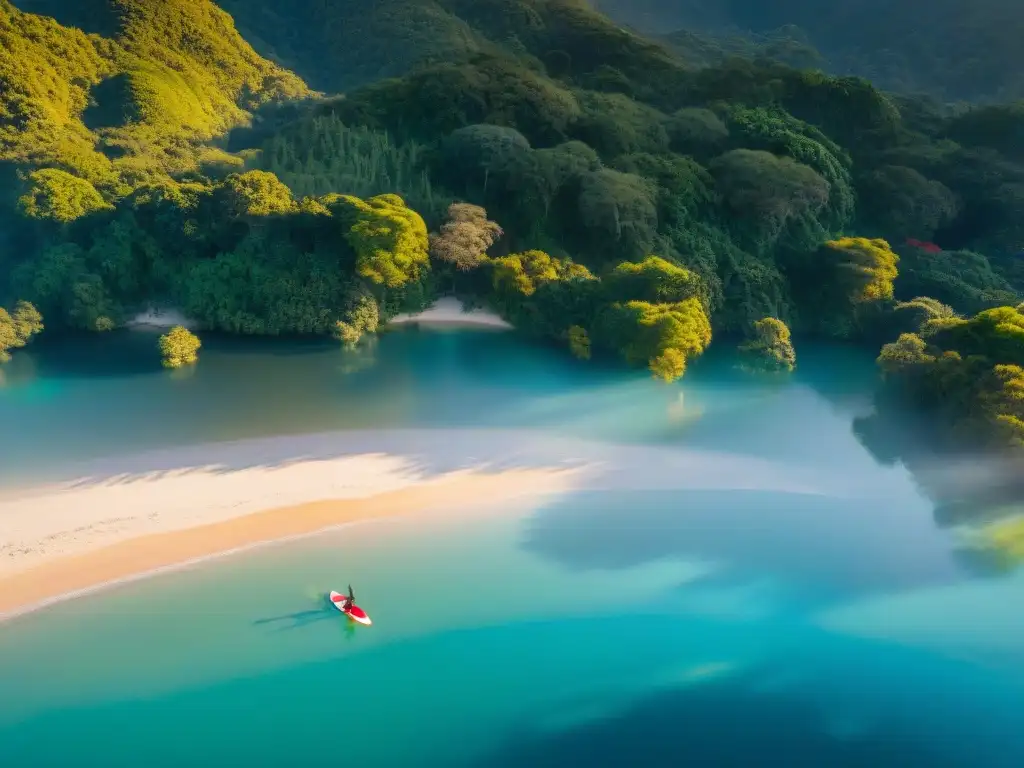 Un paddle surfer en Laguna Garzón al amanecer, rodeado de naturaleza en paz