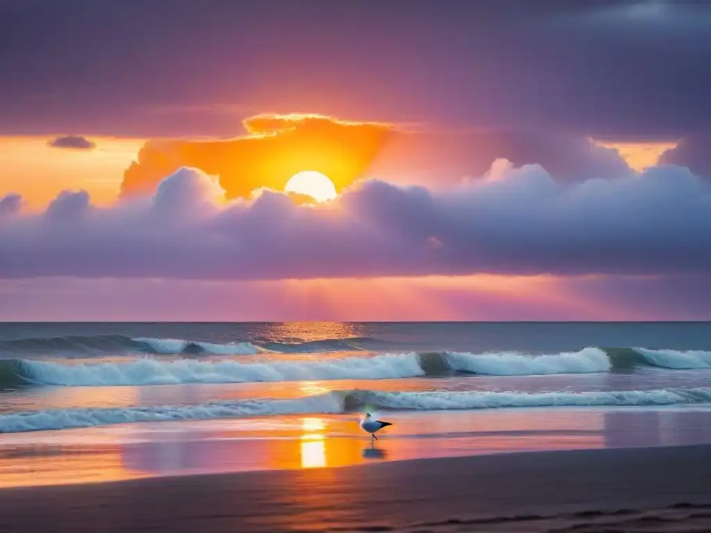 Paisaje de atardecer en la costa de Uruguay, reflejando colores cálidos y serenidad