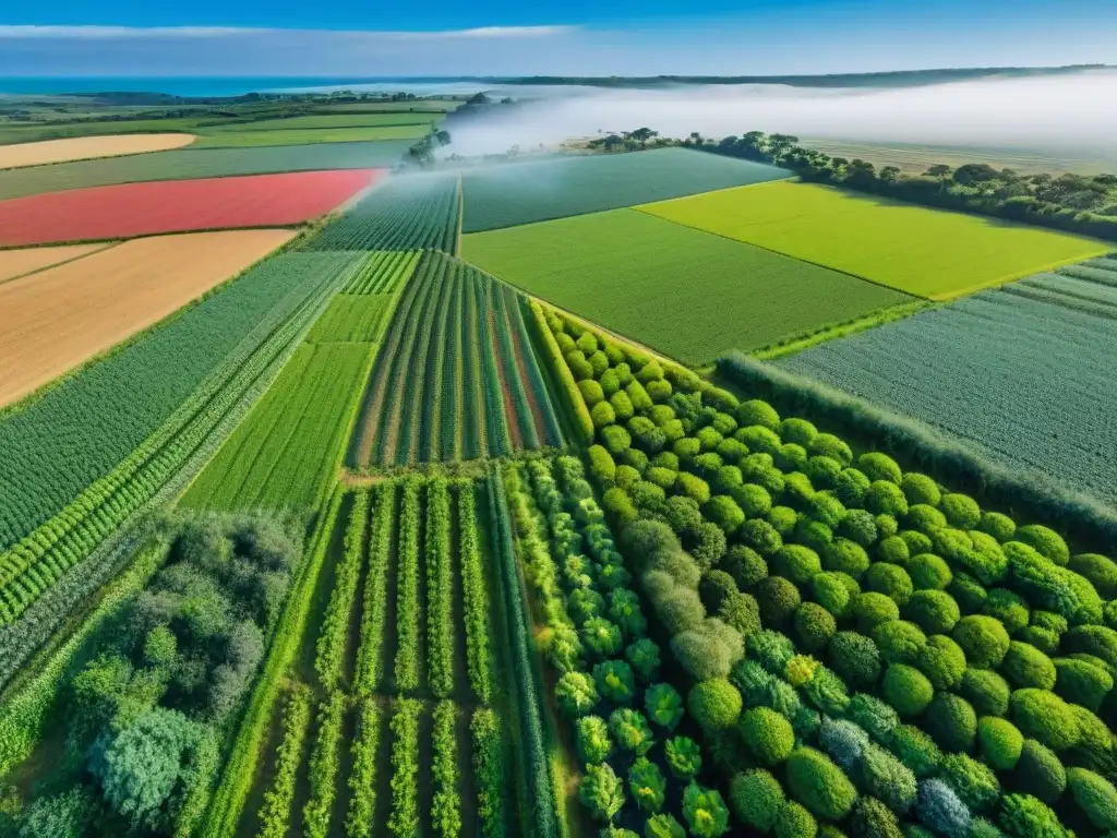 Un paisaje biodiverso de una granja agroecológica en Uruguay, destaca la sostenibilidad ambiental y la belleza de la agroecología en Uruguay