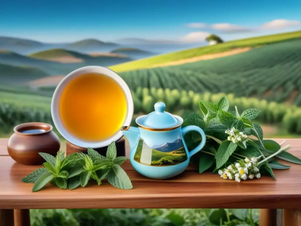 Un paisaje campestre sereno en Uruguay con colinas verdes, cielo azul y un mate uruguayo con té de hierbas y frescas hierbas alrededor