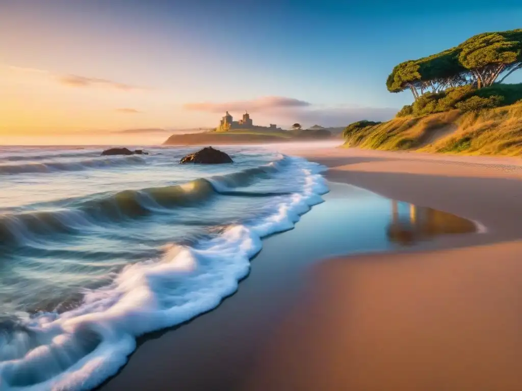 Paisaje costero en Uruguay al atardecer, reflejando bienestar integral con prácticas ecoamigables